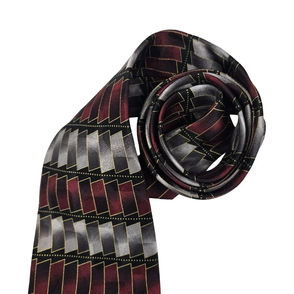 Mosaic Necktie Burgundy Silver Grey Geometric Silk Hand Made Korea Prom Hoco VTG